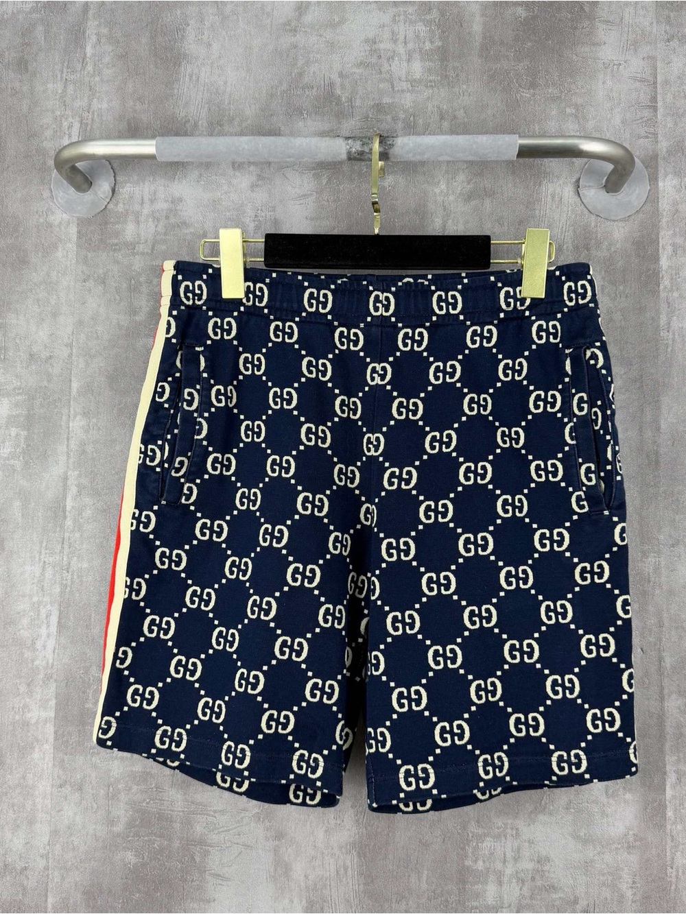 Gucci Navy GG Monogram Shorts with Red & Cream Side Stripes